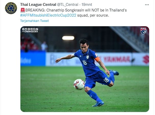 Chanathip Songkrasin disebut tidak akan memperkuat Thailand di Piala AFF 2022. (Twitter/@TL_Central)