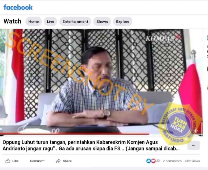 Unggahan yang mengklaim Luhut minta Kabareskrim usut kasus pembunuhan Brigadir J. (Turnbackhoax.id)