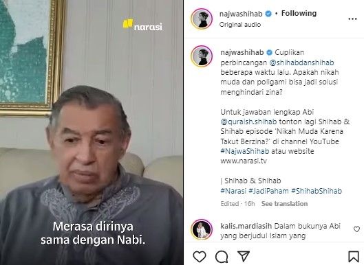 Jawaban Quraish Shihab soal poligami dan nikah muda (Instagram/najwashihab)