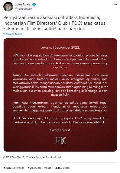 Unggahan Joko Anwar [Twitter/@jokoanwar]