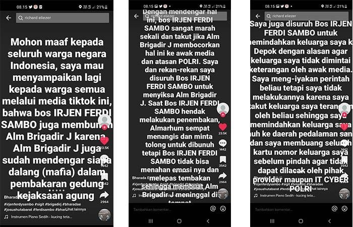 Tangkapan layar unggahan pesan Bharada E yang beredar di TikTok. 