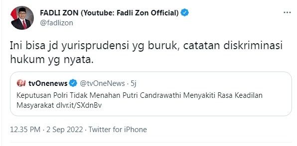 Cuitan Anggota Fraksi Gerindra DPR RI Fadli Zon terkait tak ditahannya Putri Candrawathi. [Twitter @fadlizon]