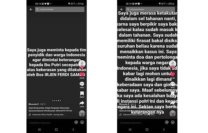 Tangkapan layar unggahan pesan Bharada E yang beredar di TikTok. 