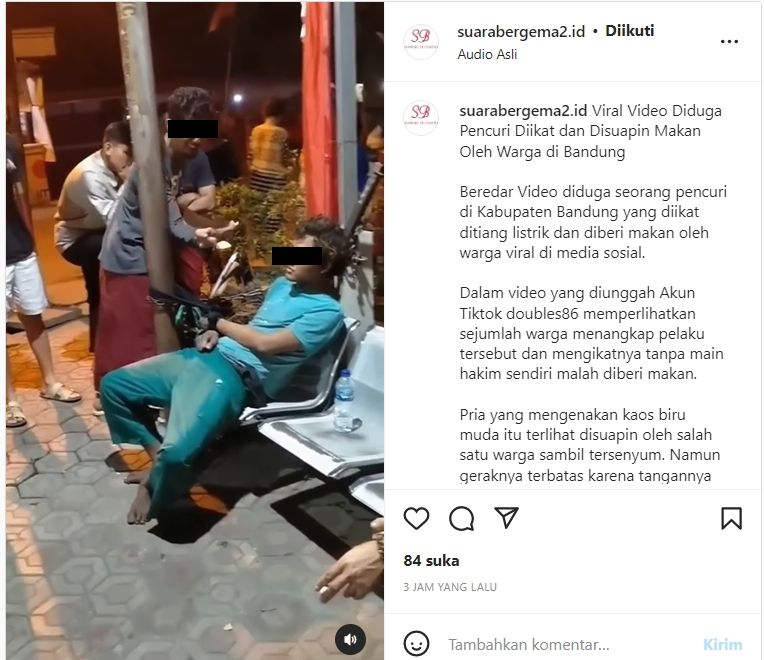 Momen warga suapi pelaku pencurian yang tertangkap basah (Instagram/ suarabergema2.id)