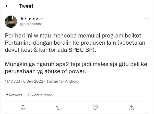 Cuitan warganet tentang kenaikan BBM dan ingin beralih ke SPBU lain. (Twitter / @hirzanando)