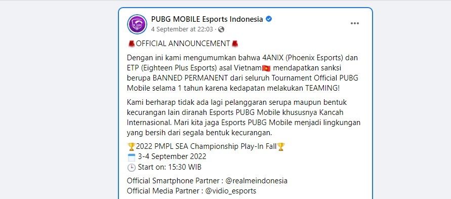 Pengumuman Phoenix dan Eighteen Plus terkena banned dari PUBG Mobile Esports Indonesia. (Facebook / @PUBGMesportid )