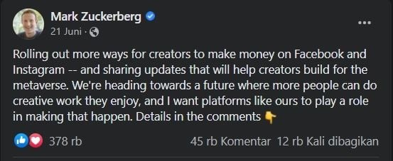 Postingan Mark Zuckerberg. [Facebook]