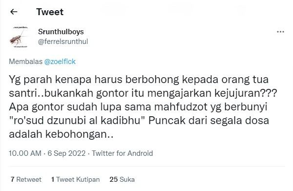 Warganet mempertanyakan kebenaran dalam kasus dugaan penganiayaan santri Gontor. (Twitter / @ferrelsrunthul)