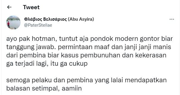 Warganet meminta Hotman Paris mengusut kasus dugaan penganiayaan santri Gontor. (Twitter / @PaterStellae)