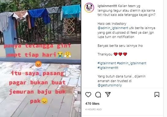 Tatangga suka jemur pakaian di pagar (Instagram/igtainmenttt)