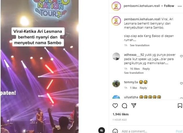 Ari Lesmana sebut nama Sambo di panggung (Instagram/pembasmi.kehaluan.reall)