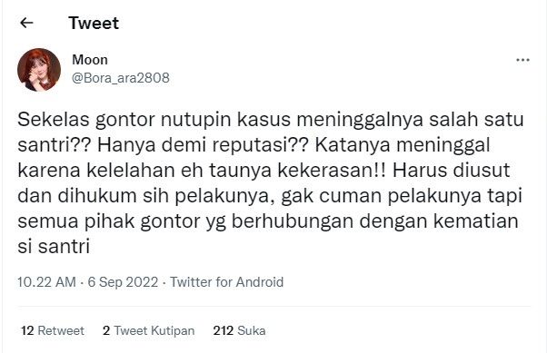 Cuitan warganet tentang kasus penganiayaan santri Gontor.