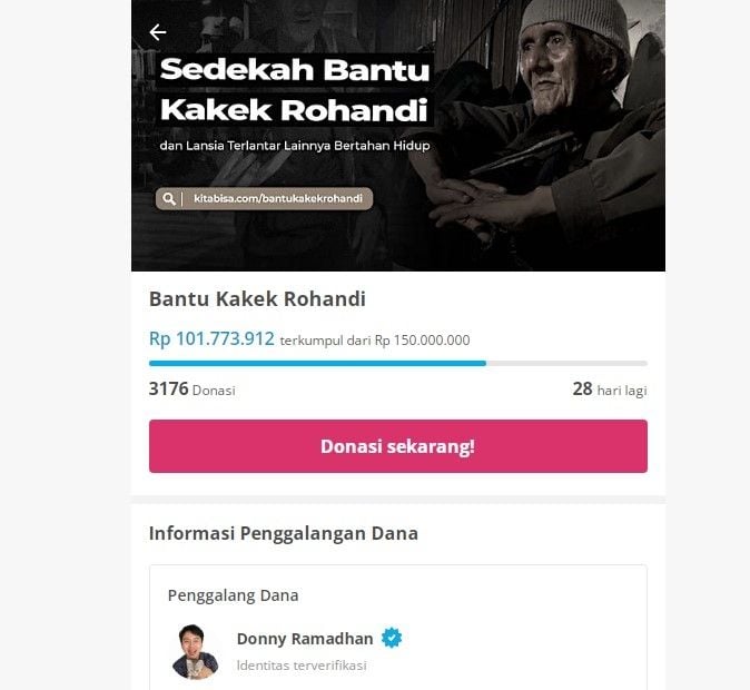 Donasi yang terkumpul untuk kakek Rohandi. (kitabisa.com)