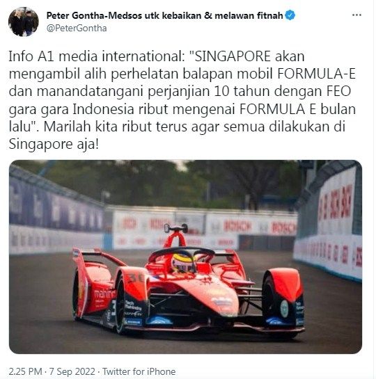 Tweet Peter F. Gontha soal Formula E Jakarta. [Twitter @PeterGontha]