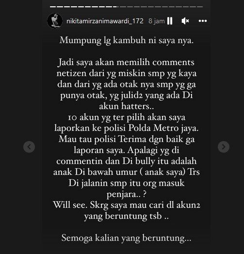 Nikita Mirzani siap laporkan 10 orang haters. [Instagram]