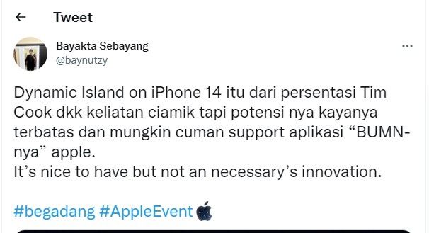 Cuitan warganet tentang aplikasi pada iPhone 14. (Twitter / @baynutzy)