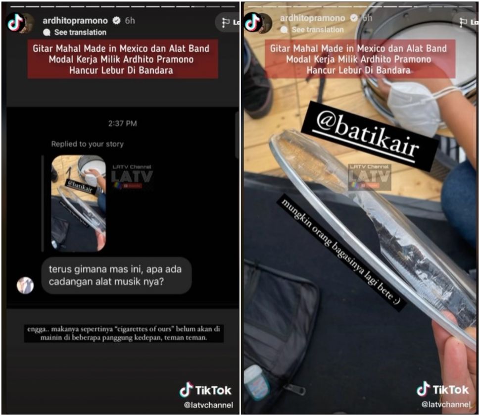 Gitar Ardhito Pramono rusak akibat dibanting di bandara (TikTok/LaTVOfficial)