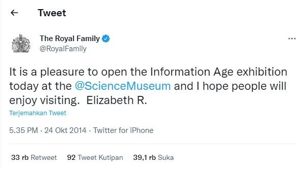 Cuitan pertama Ratu Elizabeth II. (Twitter / @RoyalFamily)