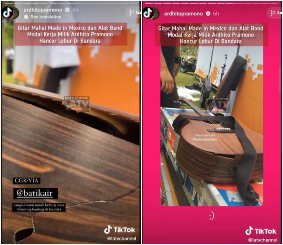 Gitar Ardhito Pramono rusak akibat dibanting di bandara (TikTok/LaTVOfficial)
