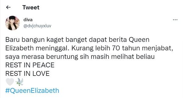 Ucapan Rest in Love dari warganet untuk Ratu Elizabeth II. (Twitter / @dvjchuyxluv)
