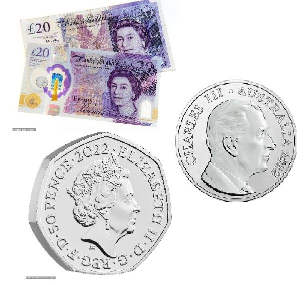 Uang kertas dan koin sekarang bergambar Ratu nanti akan berganti jadi Raja Charles, foto Raja adalah versi tiruan dari koin 20 sen. (DailyMail UK)