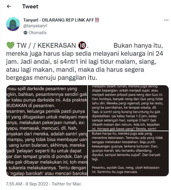 Cuitan anonim soal praktik perbudakan yang diduga terjadi di pondok pesantren (Twitter/ @tanyakanrl)