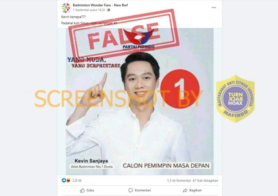Unggahan yang mengklaim Kevin Sanjaya jadi calon pemimpin dari Partai Perindo. (Turnbackhoax.id)
