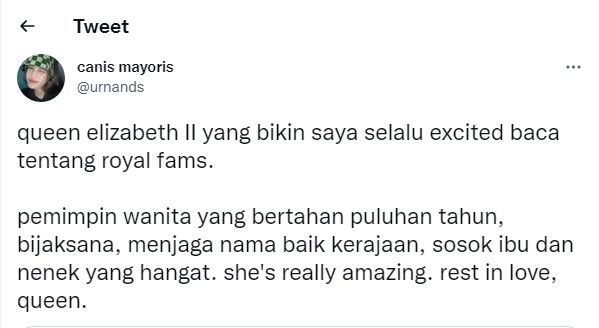 Cuitan warganet tentang Ratu Elizabeth II. (Twitter / @urnands)