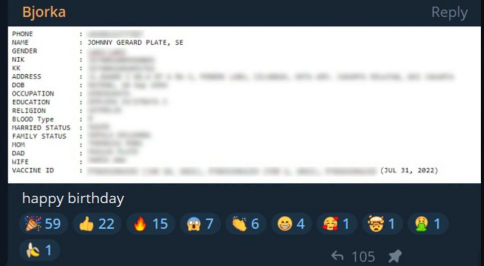 Tangkapan layar akun hacker Bjorka bocorkan informasi pribadi Menkominfo Johnny G Plate. 