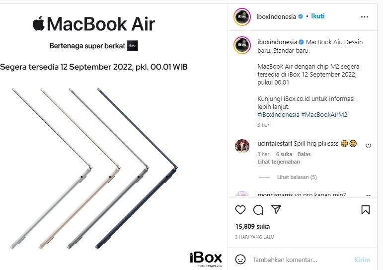 MacBook Air 2022 hadir di Indonesia. [Instagram]