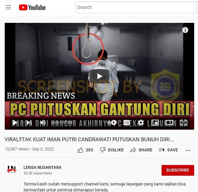 Unggahan video yang klaim Putri Candrwathi bunuh diri. (Turnbackhoax.id)