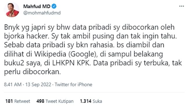 Tangkapan layar cuitan Mahfud MD yang tidak ambil pusing data pribadinya dibocorkan hacker Bjorka. (Twitter/@mohmahfudmd)