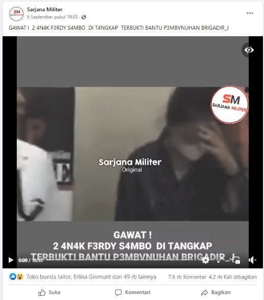 Video yang dinarasikan berisi momen penangkapan anak Ferdy Sambo (turnbackhoax)