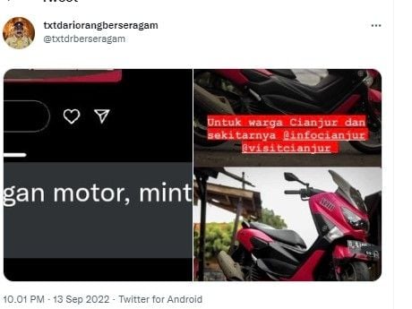 Polisi minta bantuan warga cari motor (Twitter/txtberseragam)