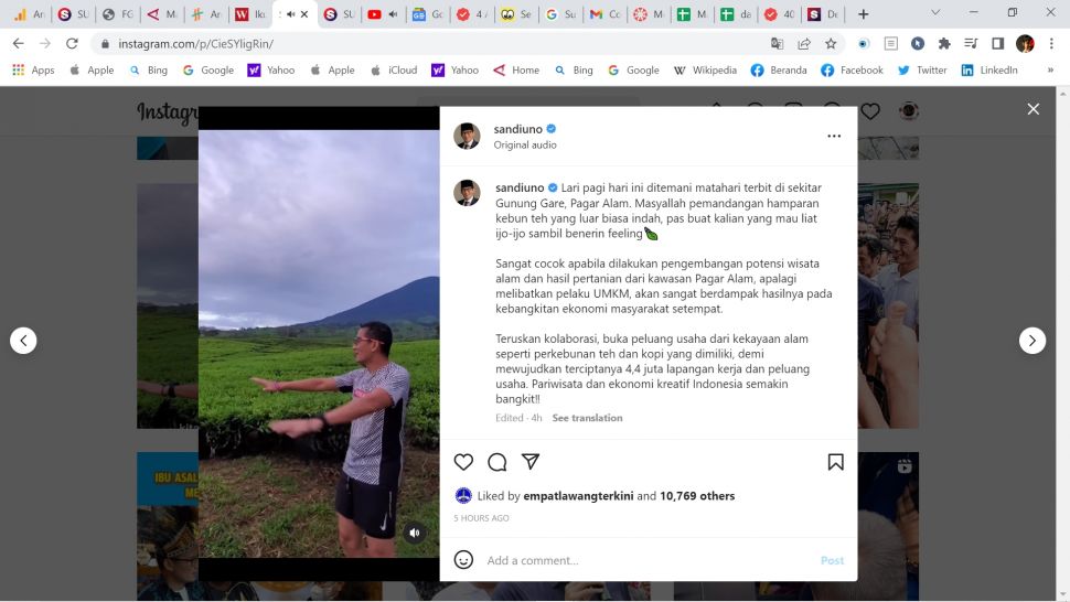 Sandiaga Uno lari pagi di kaki Gunung Gare Pagar Alam Sumsel [Ist]