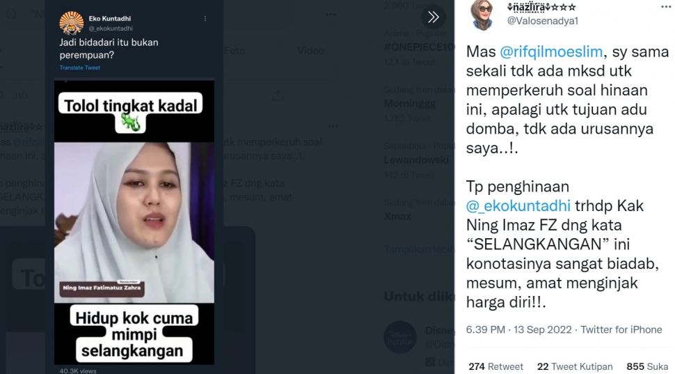 Tangkapan layar unggahan Eko Kuntadhi kepada salah seorang pendakwah NU, Imaz Fatimatuz Zahra. (Twitter/@Valosenadya1)