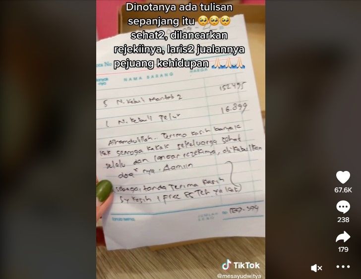 Ucapan terima kasih di nota makanan. (TikTok / @mesayudwitya)