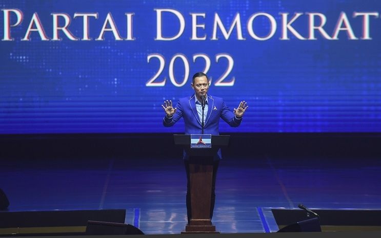 Ketua Umum DPP Partai Demokrat, Agus Harimurti Yudhoyono (AHY), meminta kadernya agar tidak pura-pura menangis dan membuat rekayasa.di rapimnas Partai Demokrat 2022 di di Balai Sidang Jakarta Convention Center (JCC), Jakarta, Kamis (15/9/2022). (Antara Foto)