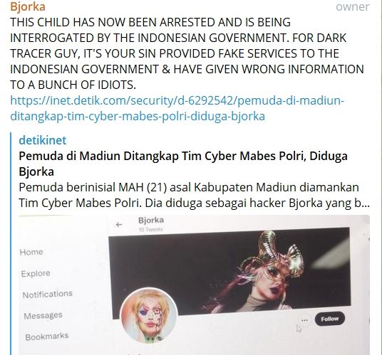 Bjorka mengecam penangkapan MAH, pemuda Madiun, Jatim, yang dianggakp polisi sebagai dirinya. Dia juga membocorkan foto dan profile WhatsApp orang yang menuduh MAH. [Telegram]