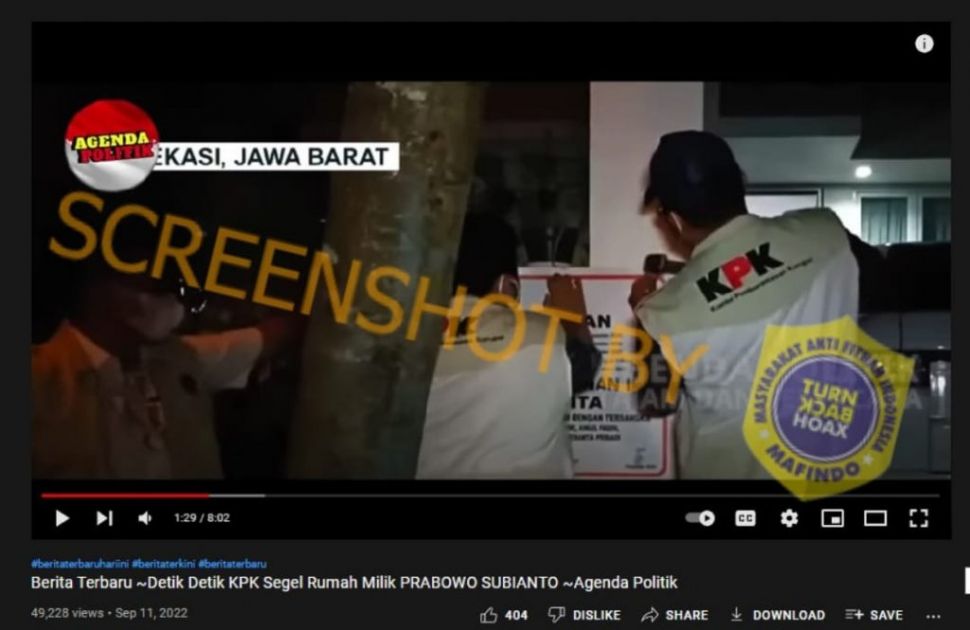 Unggahan yang mengklaim rumah Prabowo disegel KPK. (Turnbackhoax.id)