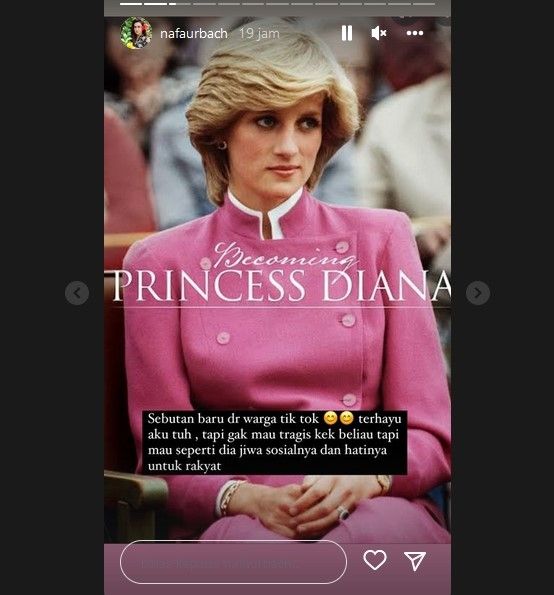 Nafa Urbach mengaku belakangan disebut mirip mendiang Princess Diana. [Instagram Story]