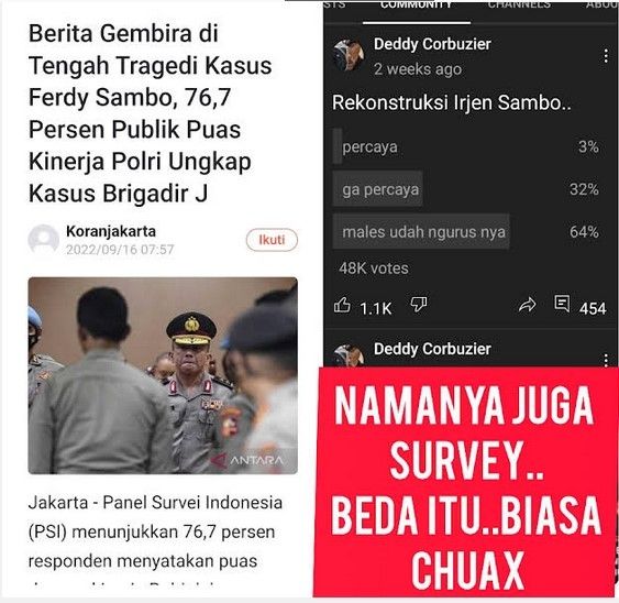 Deddy Corbuzier bikin survey soal kepercayaan masyarakat terkait kinerja kepolisian dalam kasus Ferdy Sambo. [YouTube]