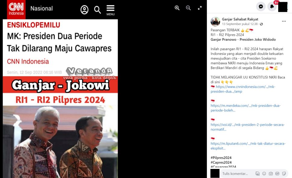 Artikel berita dengan narasi Ganjar dan Jokow akan maju bareng dalam Pilpres 2024 (turnbackhoax.id)