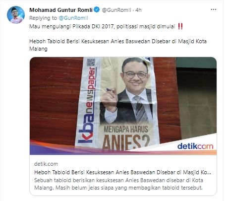 Cuitan Guntur Romli komentari tabloid Anies Baswedan yang tersebar di majid kota Malang. (Twitter/GunRomli)