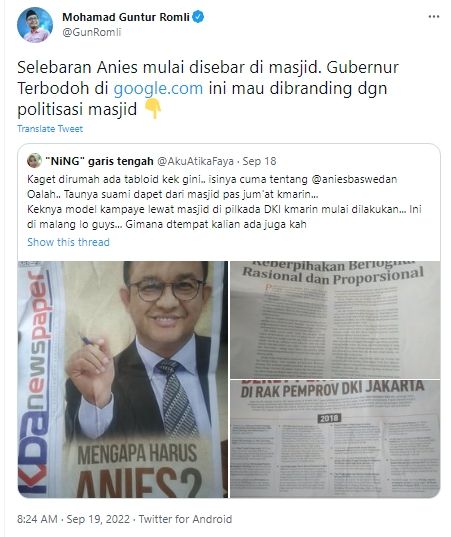 Cuitan Guntur Romli komentari tabloid Anies Baswedan yang tersebar di majid kota Malang. (Twitter/GunRomli)