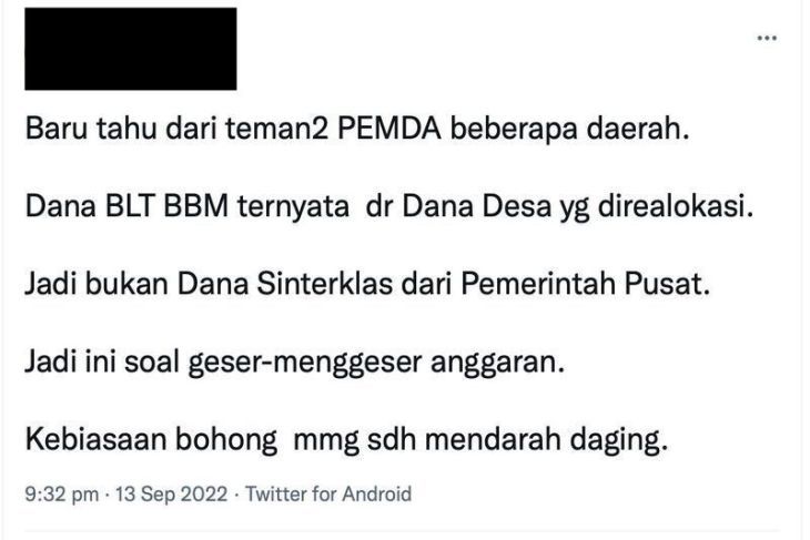 Unggahan yang menyatakan BLT BBM ternyata dari dana desa yang direalokasi. [Twitter]