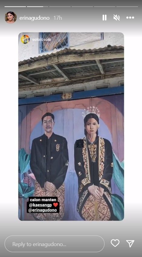 Tangkapan layar unggahan Instagram Story dari Erina Gudono menunjukan mural bersama Kaesang Pangarep menggunakan pakaian jawa. [Instagram]