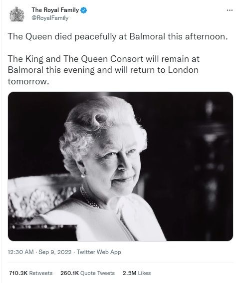 Cuitan pengumuman meninggalnya Ratu Elizabeth II. [Twitter] 