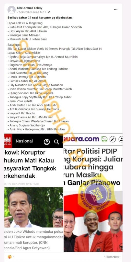 Tangkapan layar unggahan warganet di Facebook soal daftar politisi PDIP yang korupsi (turnbackhoax.id)