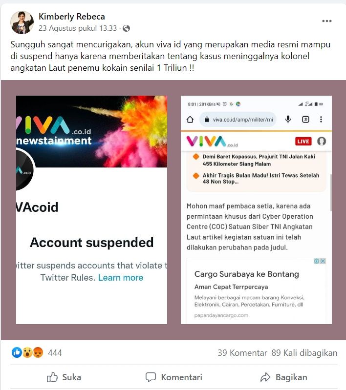 Unggahan warganet soal akun Twitter salah satu media yang kena suspend (turnbackhoaks)